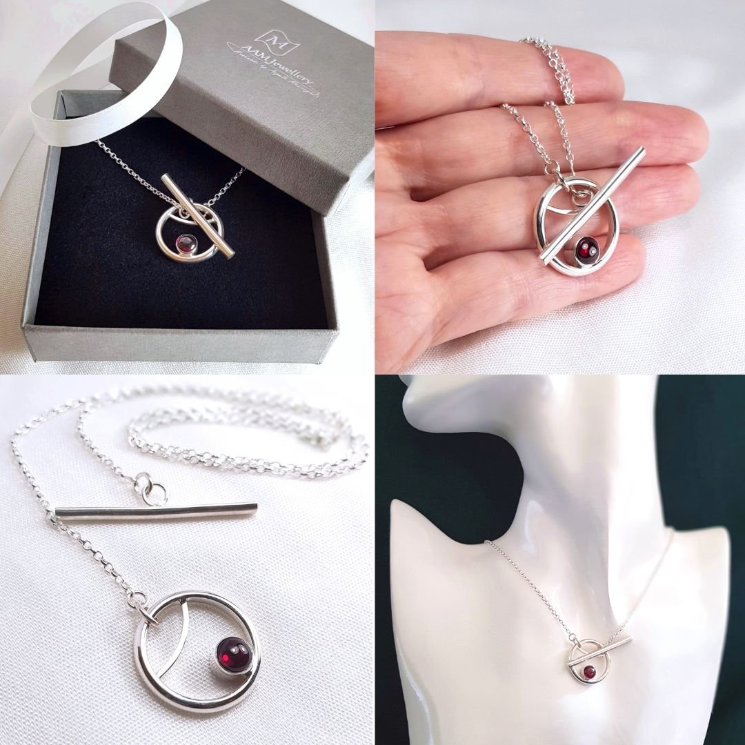 Image of Silver Toggle Necklace with Garnet, Handmade Solid Sterling Silver Garnet Necklace, T-Bar Clasp