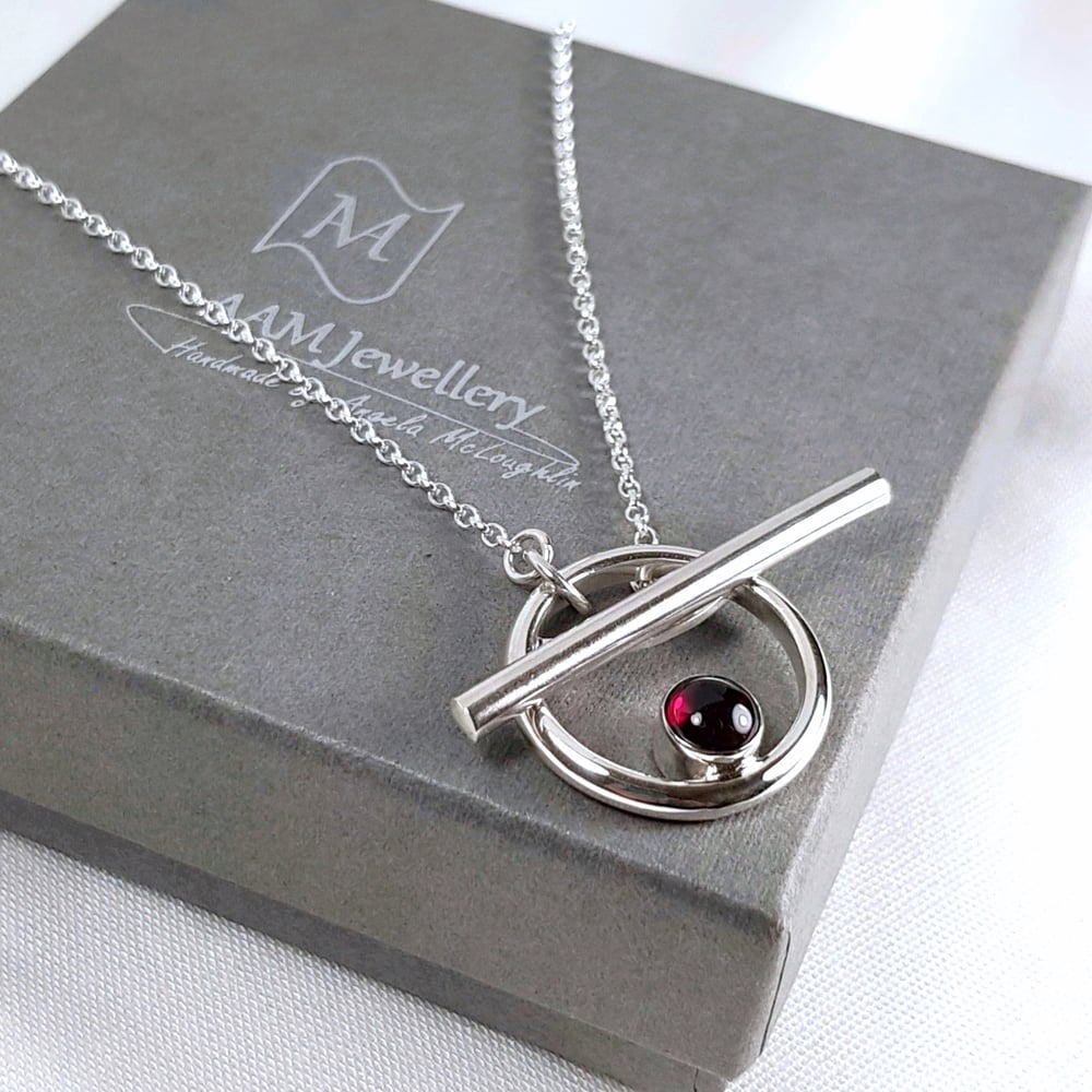 Image of Silver Toggle Necklace with Garnet, Handmade Solid Sterling Silver Garnet Necklace, T-Bar Clasp