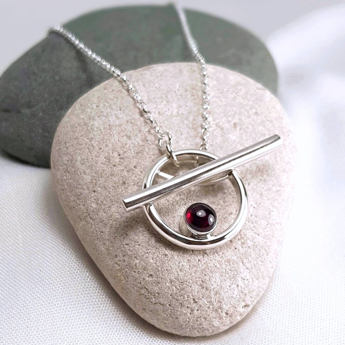 Image of Silver Toggle Necklace with Garnet, Handmade Solid Sterling Silver Garnet Necklace, T-Bar Clasp