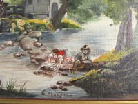 Image 4 of Vintage Oil Painting, Riverside Mill House with Waterwheel & People by D Thompson, Framed