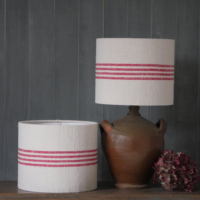 25cm Pair of Antique Grain Sack Drum Lamp Shade - Red 01