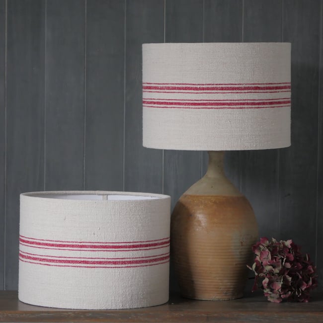 30cm Pair of Antique Grain Sack Drum Lamp Shade - Red 01