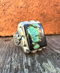 Image 1 of WL&A Handmade Spotted Green Black Jack Thunderbird Signet Ring - Size 12