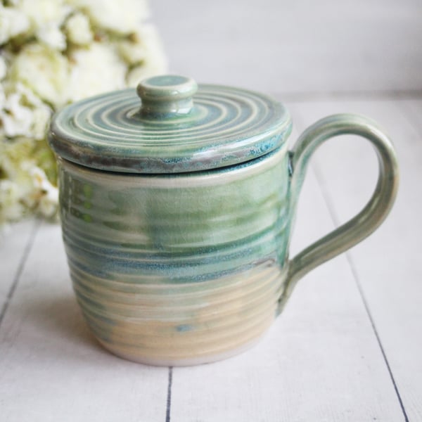 Image of Mug with Warming Lid, Handmade Pottery Coffee Cup, Stoneware Made in USA