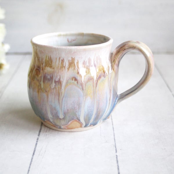 Image of Stoneware Mug, 15 oz., Handmade Pottery Coffee Cup in Muted Dripping Glazes, Wheel Thrown Made in US