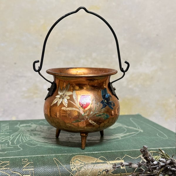 Image of Small hammered floral vintage copper cauldron: Swiss. Rare