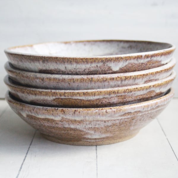 Image of Handcrafted Set of 4 Rustic Shallow Bowls in Toasted Marshmallow Glaze, Made in USA