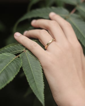 Image of 18ct Yellow gold, 2.5mm flat court Olive leaf and milled edge engraved ring