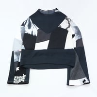 Image 8 of black white courtneycourtney adult M medium longsleeve patchwork funnel neck bell sleeve sweatshirt 