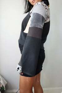 Image 4 of black white courtneycourtney adult M medium longsleeve patchwork funnel neck bell sleeve sweatshirt 