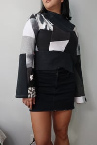 Image 10 of black white courtneycourtney adult M medium longsleeve patchwork funnel neck bell sleeve sweatshirt 