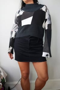 Image 2 of black white courtneycourtney adult M medium longsleeve patchwork funnel neck bell sleeve sweatshirt 