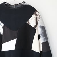 Image 11 of black white courtneycourtney adult M medium longsleeve patchwork funnel neck bell sleeve sweatshirt 