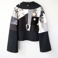 Image 3 of black white courtneycourtney adult M medium longsleeve patchwork funnel neck bell sleeve sweatshirt 