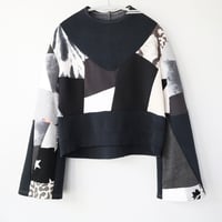 Image 1 of black white courtneycourtney adult M medium longsleeve patchwork funnel neck bell sleeve sweatshirt 