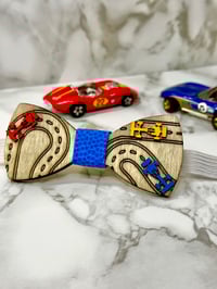 Image 1 of Blue Race Car Wood Bowtie