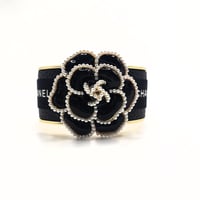 Image 1 of CHANEL BLACK CAMELLIA FLOWER RIBBON CUFF BRACELET