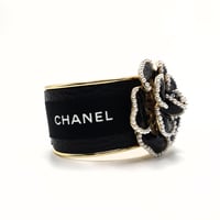 Image 3 of CHANEL BLACK CAMELLIA FLOWER RIBBON CUFF BRACELET
