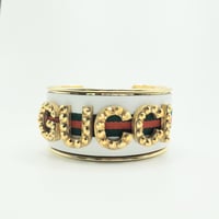 Image 1 of WHITE GUCCI INSPIRED GOLD RHINESTONE LETTER CUFF BRACELET