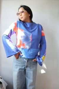 Image 3 of cactus blue courtneycourtney adult M medium longsleeve patchwork funnel neck bell sleeve sweatshirt