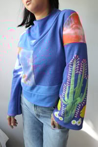 Image 7 of cactus blue courtneycourtney adult M medium longsleeve patchwork funnel neck bell sleeve sweatshirt