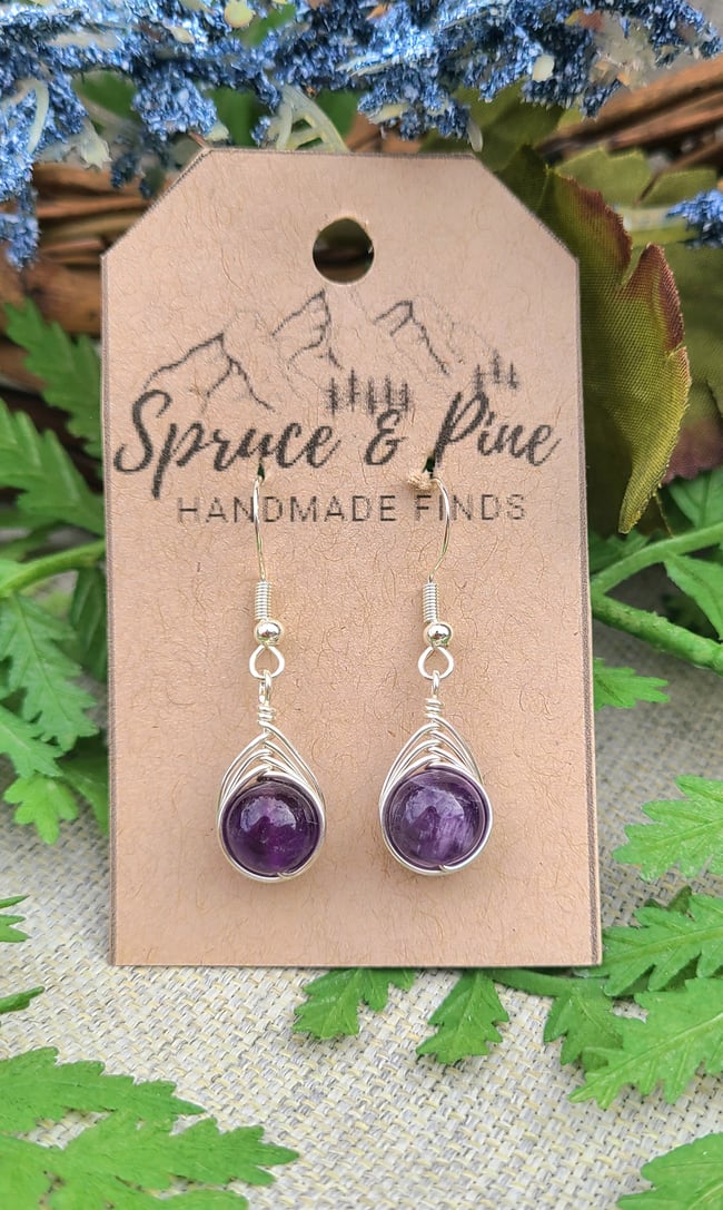 Sterling Silver & Amethyst Gemstone Handmade Herringbone Earrings