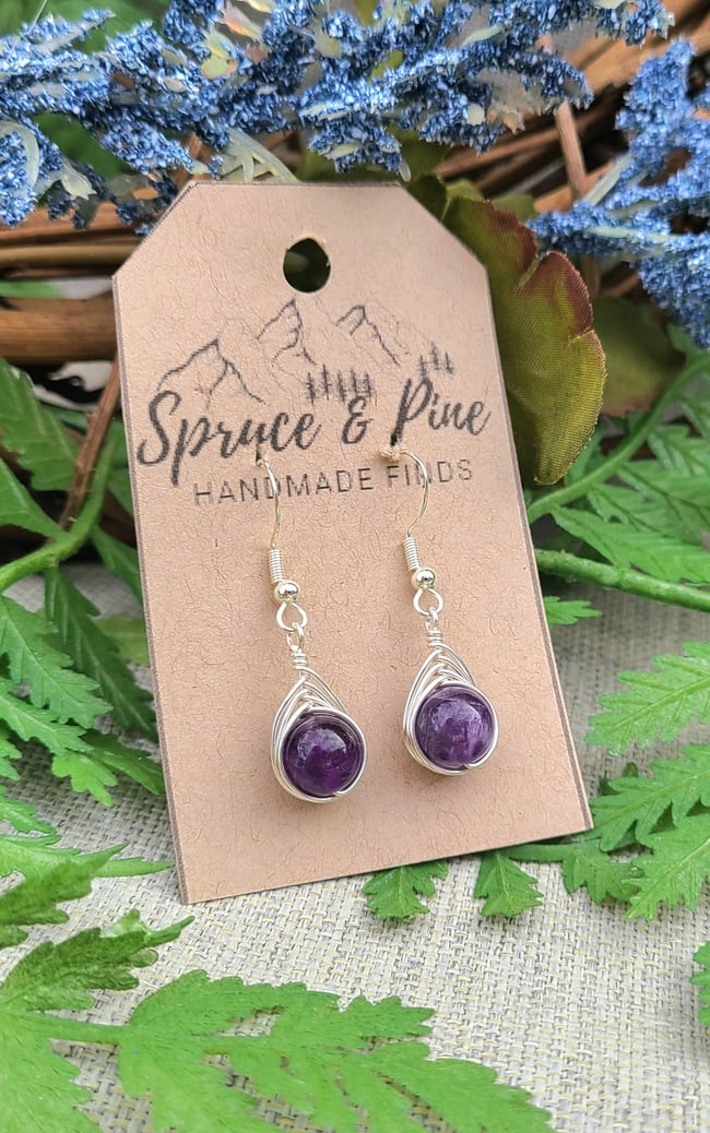 Sterling Silver & Amethyst Gemstone Handmade Herringbone Earrings