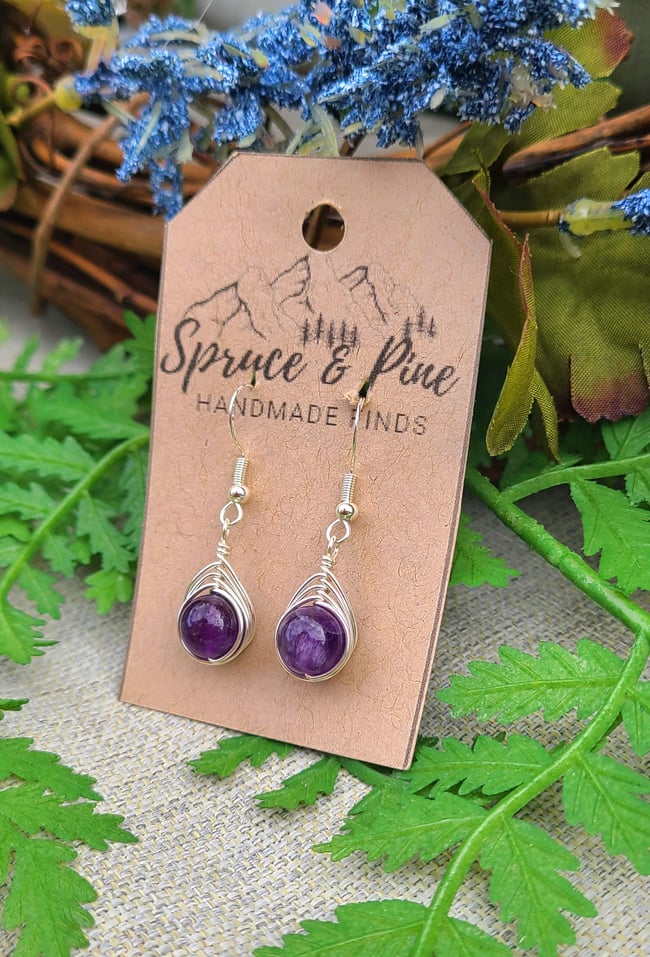 Sterling Silver & Amethyst Gemstone Handmade Herringbone Earrings
