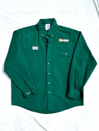 Image of Still Building button up in green 