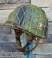 Image 1 of WWII M2 Dbale 509th PIB Front Seam Helmet and Replica Airborne Hawley rayon liner. Net.