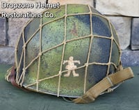 Image 2 of WWII M2 Dbale 509th PIB Front Seam Helmet and Replica Airborne Hawley rayon liner. Net.