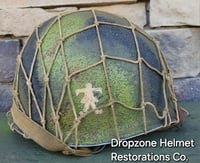 Image 4 of WWII M2 Dbale 509th PIB Front Seam Helmet and Replica Airborne Hawley rayon liner. Net.