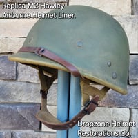 Image 9 of WWII M2 Dbale 509th PIB Front Seam Helmet and Replica Airborne Hawley rayon liner. Net.