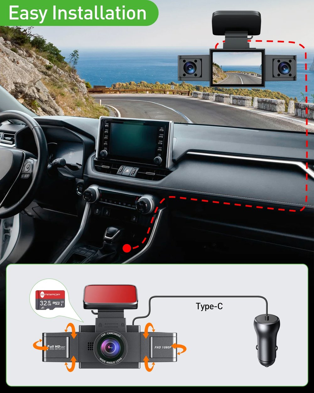 3 Channel Dash Cam Video Recorder with Rear View DVR and 24H Parking Monitor