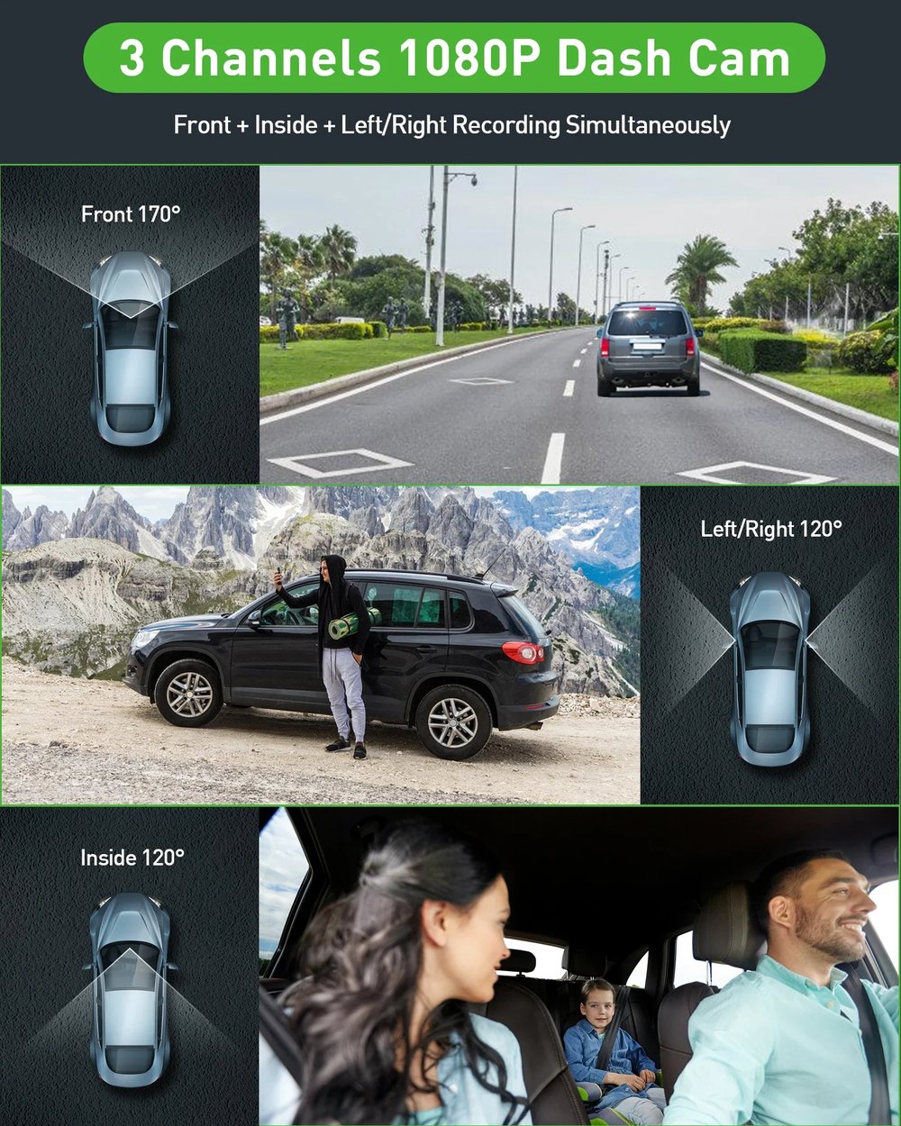 3 Channel Dash Cam Video Recorder with Rear View DVR and 24H Parking Monitor