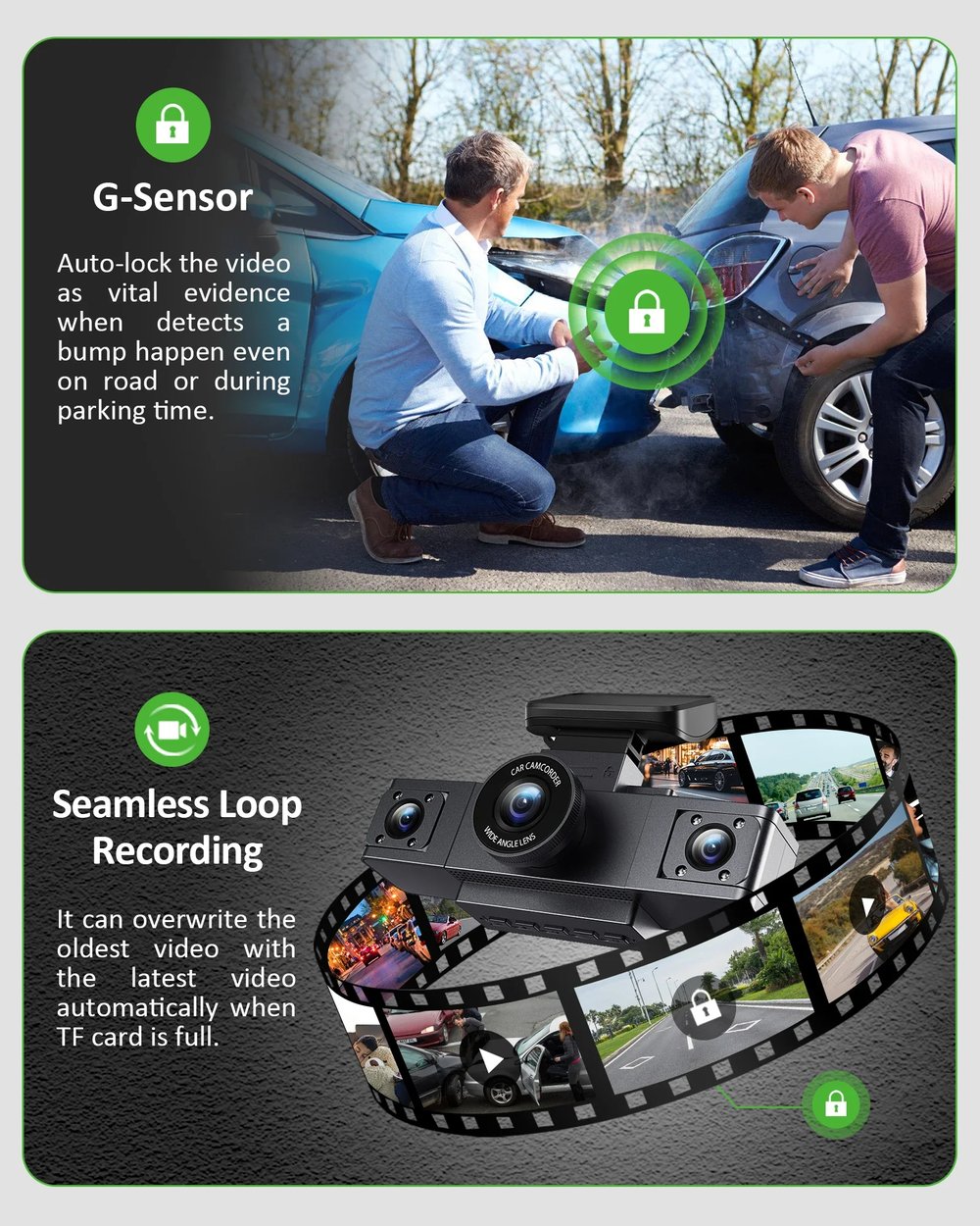 3 Channel Dash Cam Video Recorder with Rear View DVR and 24H Parking Monitor