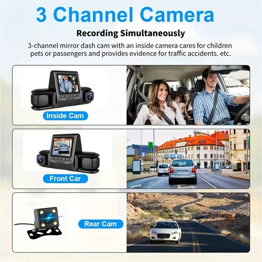 3 Camera Lens Car DVR 3-Channel Dash Cam with Dual Lens HD 1080P