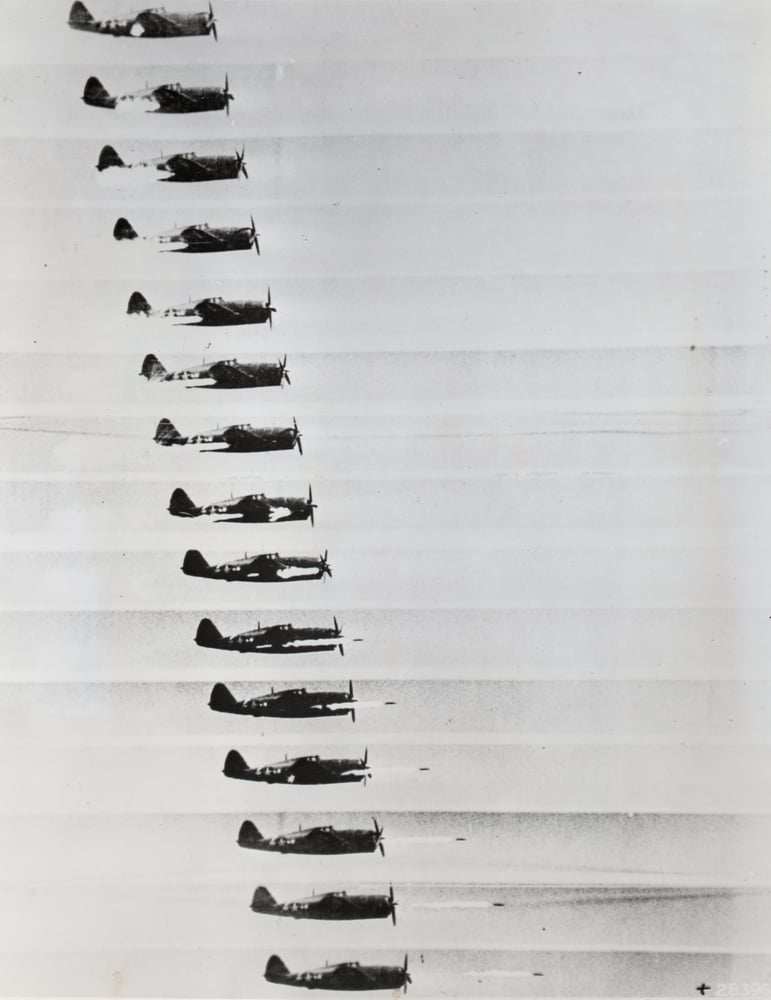 Image of USAAF - ACME press: P-47 Thunderbolt firing a new rocket, ca. 1944