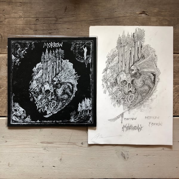 Image of Morrow 'Covenant of teeth' cover art and test press