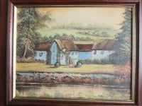 Image 2 of Vintage Oil Painting, Thatched Country House by River/Lake in Landscape, Framed, Unsigned, defects 