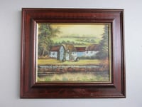 Image 1 of Vintage Oil Painting, Thatched Country House by River/Lake in Landscape, Framed, Unsigned, defects 