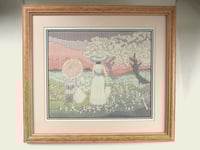 Image 1 of Vintage Embroidery, Victorian Edwardian Ladies in Garden, Framed Size 18 3/4 x 16 3/4 ins, unsigned