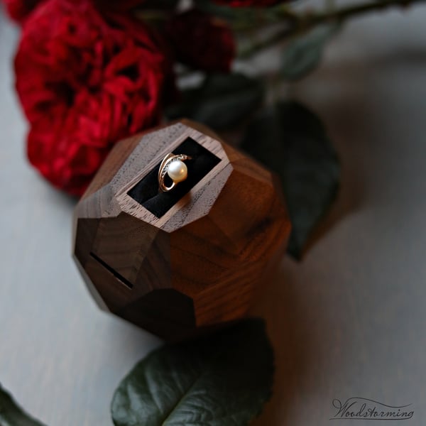 Image of Wooden faceted engagement ring box, secret proposal ring box,sculptural ring display by Woodstorming