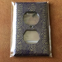 Image 1 of Double Outlet Plate Cover COLLAGED with art paper Purple w/ Gold Geometric