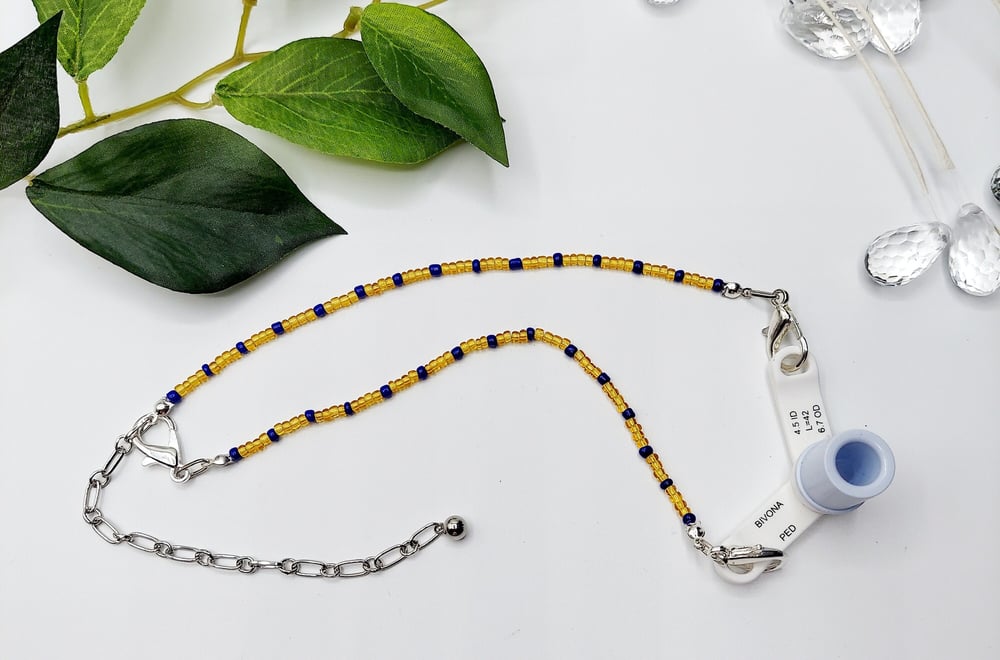 Image of Beaded Trach Ties, Adjustable, Trach Chain, Trach Collar Tube Holder  (Gold with Blue Bead Accents)