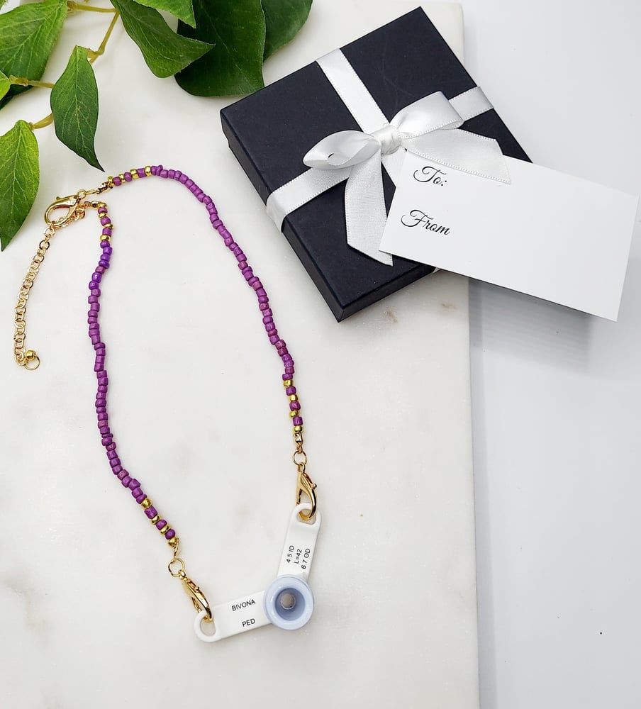 Image of Trach Ties, Beaded Trach Ties , Adjustable, Trach Chain, Beaded, Trach Collar Tube Holder  (Purpl...