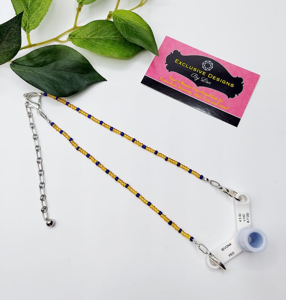 Image of Beaded Trach Ties, Adjustable, Trach Chain, Trach Collar Tube Holder  (Gold with Blue Bead Accents)