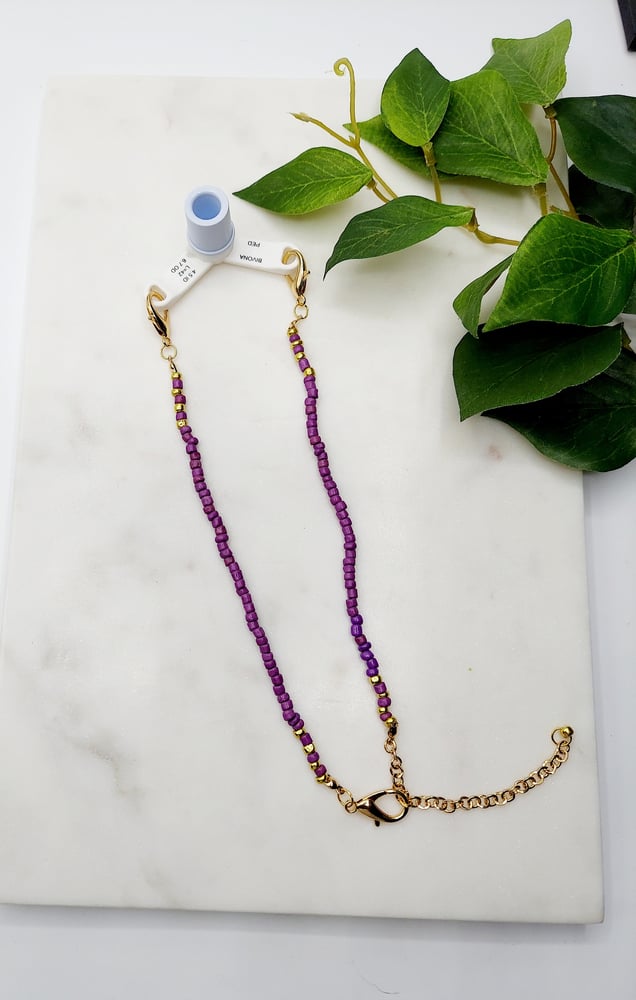 Image of Trach Ties, Beaded Trach Ties , Adjustable, Trach Chain, Beaded, Trach Collar Tube Holder  (Purpl...