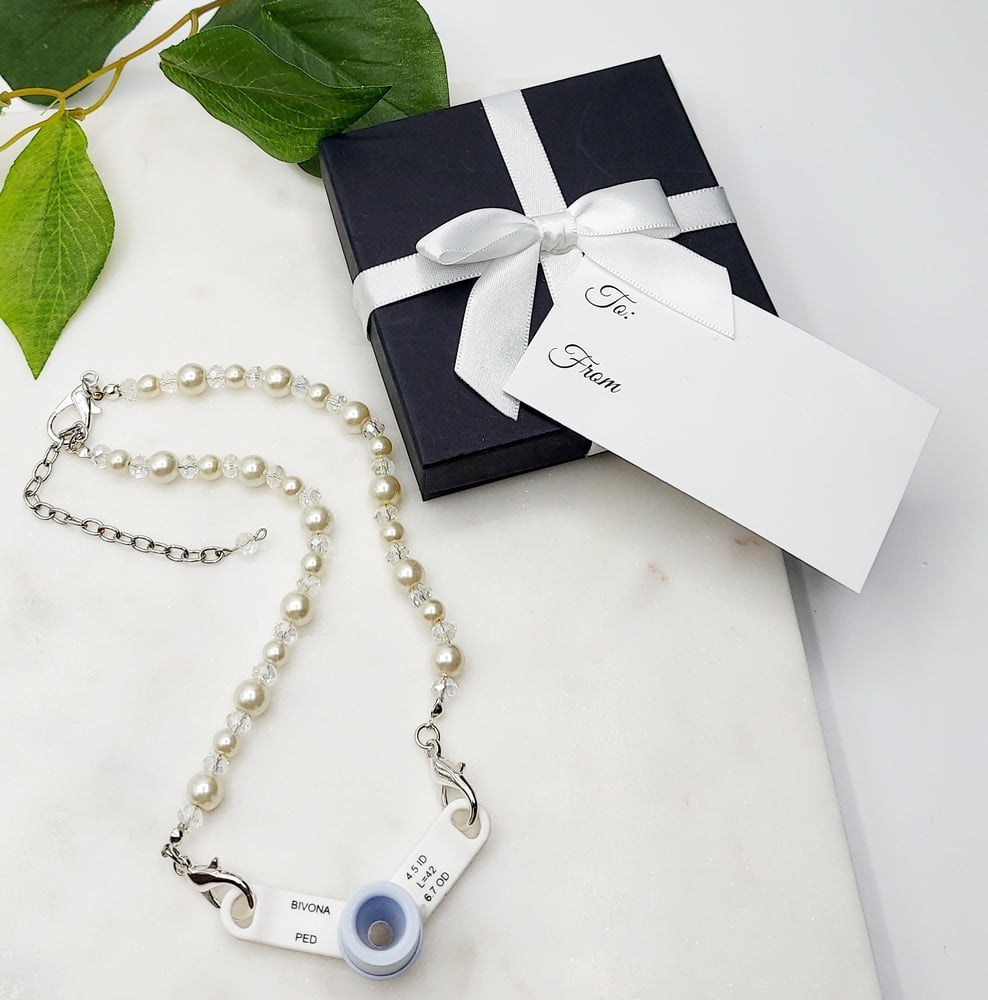 Image of Beaded Trach Tie, Adjustable Trach Tie, Trach Collar Tube Holder   (White Pearls)