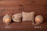 Image 2 of Knitted pillow wrap and bonnet hats beige